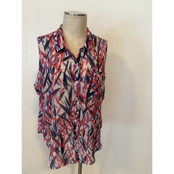 Liz Claiborne Shirt Womens XL Red Blue White Sleeveless Button Up Sheer Top - Picture 6 of 7